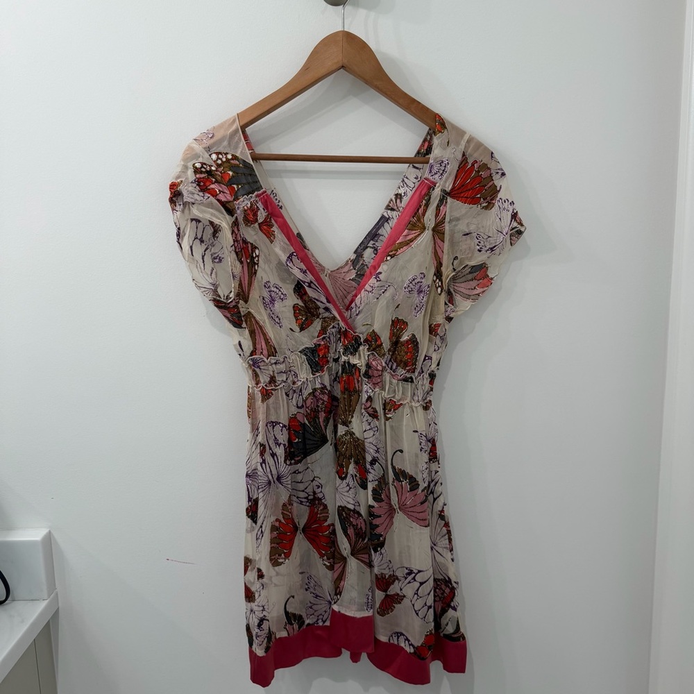 NWOT Hale Bob Sheer Butterfly Silk Mini Dress w/ Crushed Velvet Detailing